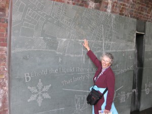 The author pointing to the area on Tooley Street, Bermondsey where Christopher Buller had his Slop Shop in the late 1700s and early 1800s. This is a set of large granite plaques in the walkway area under the London Bridge. 